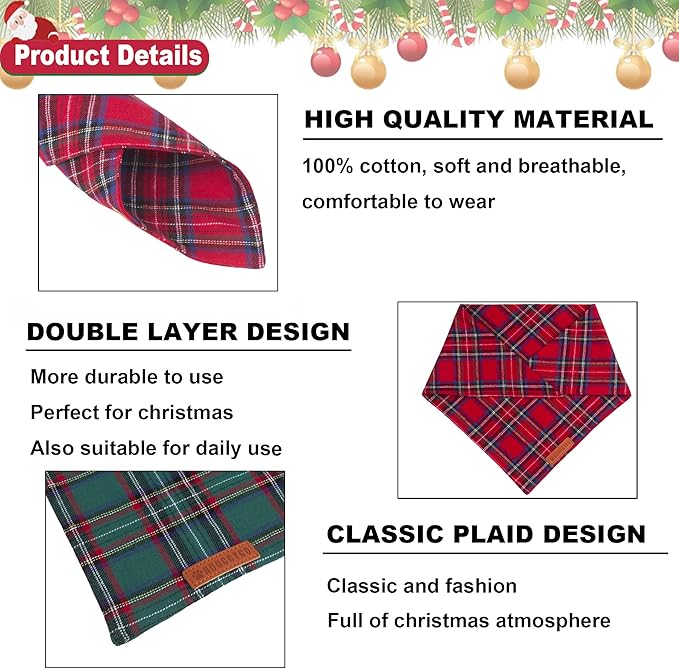 ADOGGYGO Christmas Dog Bandana 2 Pack, Stylish Plaid Pet Scarf, Premium Cotton Fabric, Multiple Sizes Offered, Christmas Bandanas for Large X-Large Dogs Pets (X-Large)