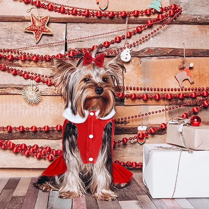 Dog Christmas Red Velvet Dress Cute Puppy Xmas Outfits Santa Claus Cat Skirt with 2 Bow Accessories Thermal Winter Warm Dog Clothes Coat Holiday Costumes(Small)