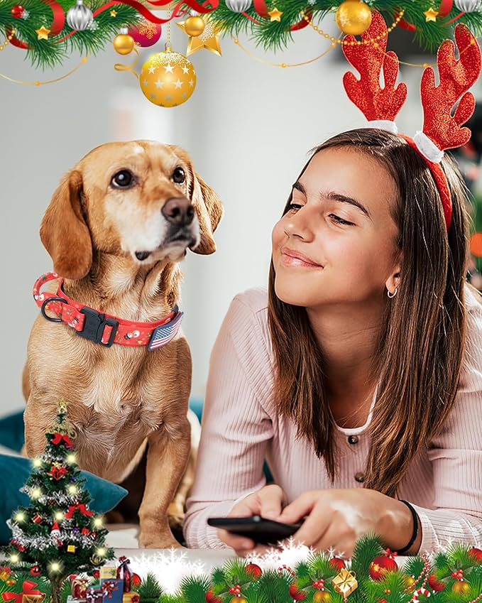 Hotsky Christmas Tactical Dog Collar, Adjustable Military Training Xmas Collar with Handle and Have Duty Metal Buckle for Medium Large Dogs, with Airtag Holder and 2 Patches(Christmas Red,M)