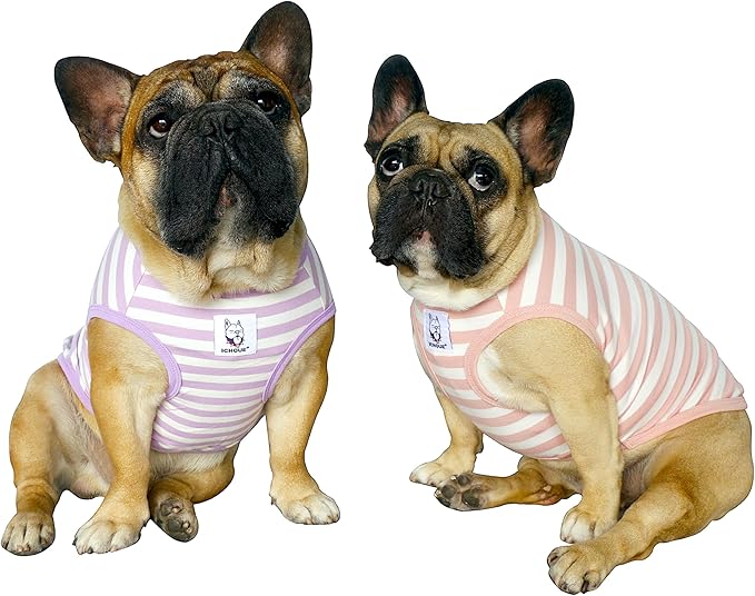 iChoue 2pcs French Bulldog Striped Shirts 100% Breathable Cotton Tank Tops Vests Clothes for Frenchie Dogs, Pink and Purple Stripes, Medium