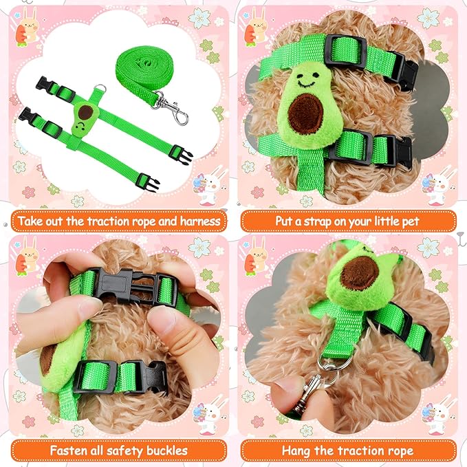 Tondiamo 4 Sets Adjustable Bunny Rabbit Harness and Leash Set Small Pet Cute Vest Harness Leash with Decoration for Bunny Ferret Small Pets(Fruit)