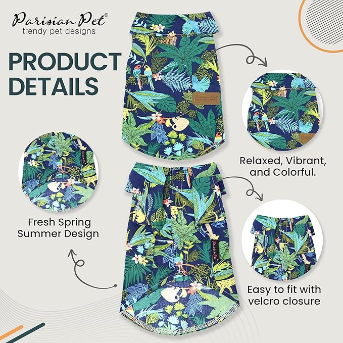 Parisian Pet Unisex Amazonia Shirt - Leafy Beach Outfit for Dogs - Cotton Summer Clothes - Stylish Hook and Loop Closure Costume - Machine Washable Shirts for Large Dogs - L