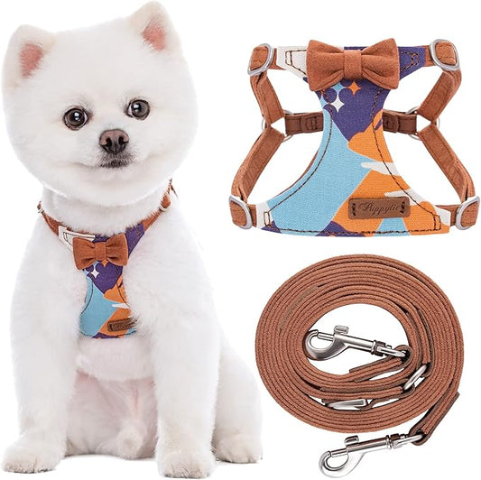 Puppytie No Pull xs Dog Harness with Multifunction Dog Leash,Soft Adjustable No Choke Escape Proof Pet Harness Vest,Suede Bow Brown,XS