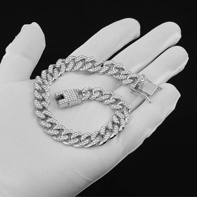 Dog Chain Collar Silver Dog Necklace Diamond Cuban Link Dog Collar 13mm Wide Metal Pet Cat Dog Chain Crystal Collar Jewelry Accessories for Large Medium Small Dogs Cats(Silver,10 Inch)