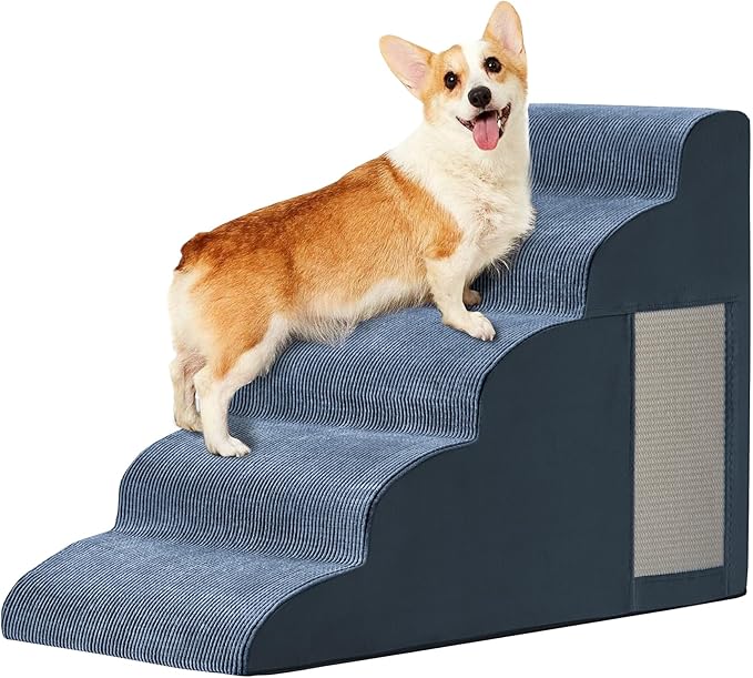 Pet Stairs for Small Dogs - 5-Step Curved Dog Ramp for Bed, Couch, Sofa, Car and Chairs - Non-Slip Bottom Design - Cat Scratching Board - High Density Foam Portable Pet Step - Navy