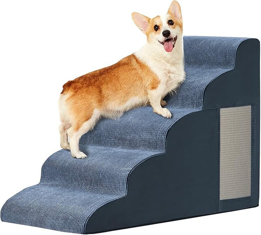 Pet Stairs for Small Dogs - 5-Step Curved Dog Ramp for Bed, Couch, Sofa, Car and Chairs - Non-Slip Bottom Design - Cat Scratching Board - High Density Foam Portable Pet Step - Navy