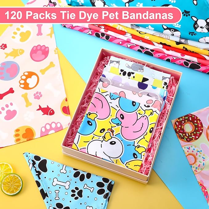 Amylove 120 Pcs Dog Bandanas Bulk Holiday Triangle Dog Pack Puppy Kerchief Bandana Adjustable Pet Scarf for Pet Cat Costume Accessories Decor Summer(Cartoon)