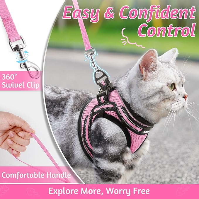 rabbitgoo Cat Harness and Leash Set for Walking Escape Proof, Adjustable Soft Kittens Vest with Reflective Strip for Cats, Comfortable Outdoor Vest, Pink, L