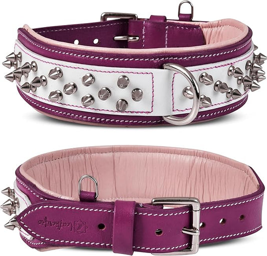 Genuine Leather Dog Collar by Leatherific, Premium Bridle Leather, Heavy Duty, Padded, Strong, Screwed Spikes, Medium, Large, Extra Large Breeds, 2" Wide (Magenta, Neck Size 14"-18")