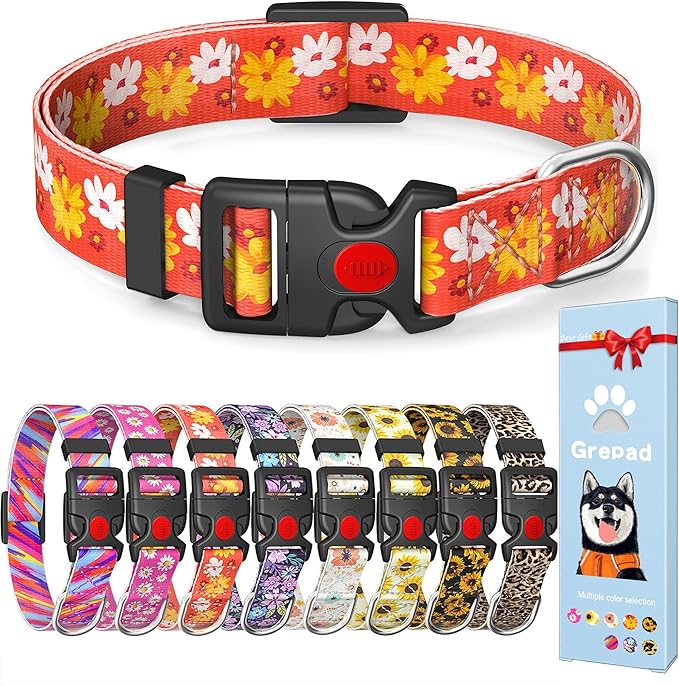 Cute Floral Dog Collar for Small Medium Large Dogs,Girl Female Dog Collars Soft Patterns Adjustable Pet Collar with Quick Release Safety Buckle for Puppy Breed Boy Dogs,Daffodil,L