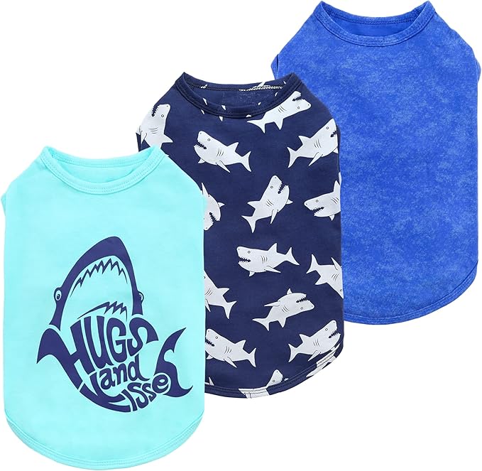 Fitwarm 3 Pack Shark Dog Shirt, Summer Dog Clothes for Small Dogs Boy Girl, Lightweight Pet Tshirt, Cat Outfit, Light Blue, Navy Blue, Royal Blue, Medium