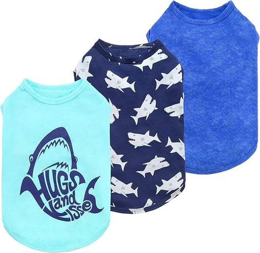 Fitwarm 3 Pack Shark Dog Shirt, Summer Dog Clothes for Small Dogs Boy Girl, Lightweight Pet Tshirt, Cat Outfit, Light Blue, Navy Blue, Royal Blue, Medium
