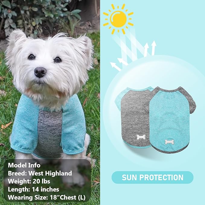 KYEESE 2 Pack Dog Shirts Raglan Sleeve Quick Dry Soft Stretchy Small Dog T-Shirts with Reflective Label Lightweight Pet Clothes Sun Protection, X-Large, Grey+Blue