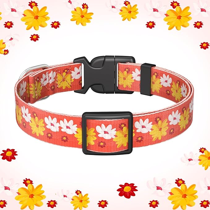 Cute Floral Dog Collar for Small Medium Large Dogs,Girl Female Dog Collars Soft Patterns Adjustable Pet Collar with Quick Release Safety Buckle for Puppy Breed Boy Dogs,Daffodil,S