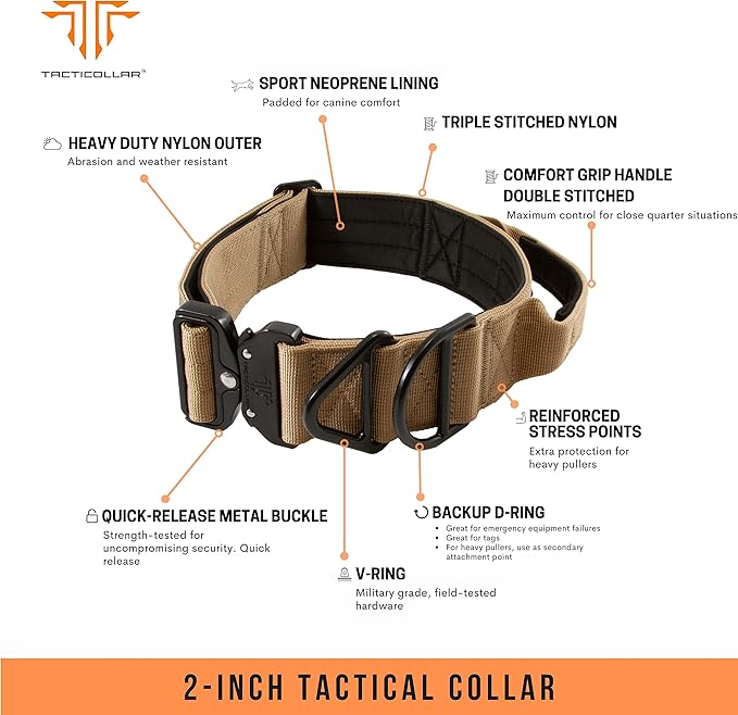 2 inch Tactical Dog Collar with Handle for Medium and Large Dogs, Mil Spec Nylon Collar, Quick-Release Metal Buckle, Neoprene Padded Inside (Medium, Coyote Brown)