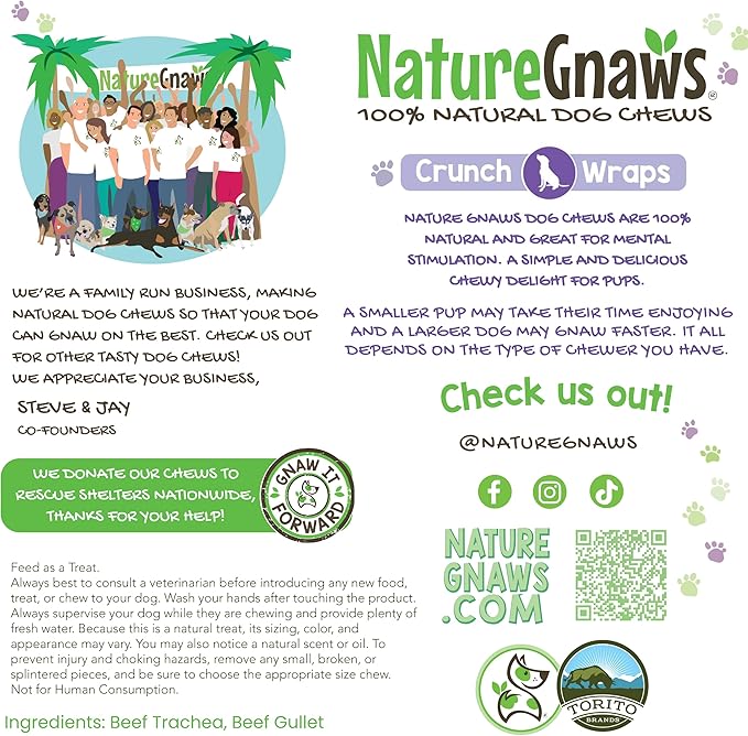 Nature Gnaws Beef Trachea Crunch Wraps for Dogs (3 Count) - Long Lasting Natural Beef Jerky Dog Chew Bones - Rawhide Free (Pack of 2)