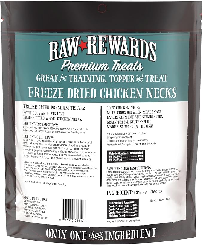 Northwest Naturals Raw Rewards Freeze-Dried Chicken Neck Treats for Dogs and Cats - Bite-Sized Pieces - Healthy, 1 Ingredient, Human Grade Ingredients, All Natural, Made in USA, 4 Oz (Pack of 3)