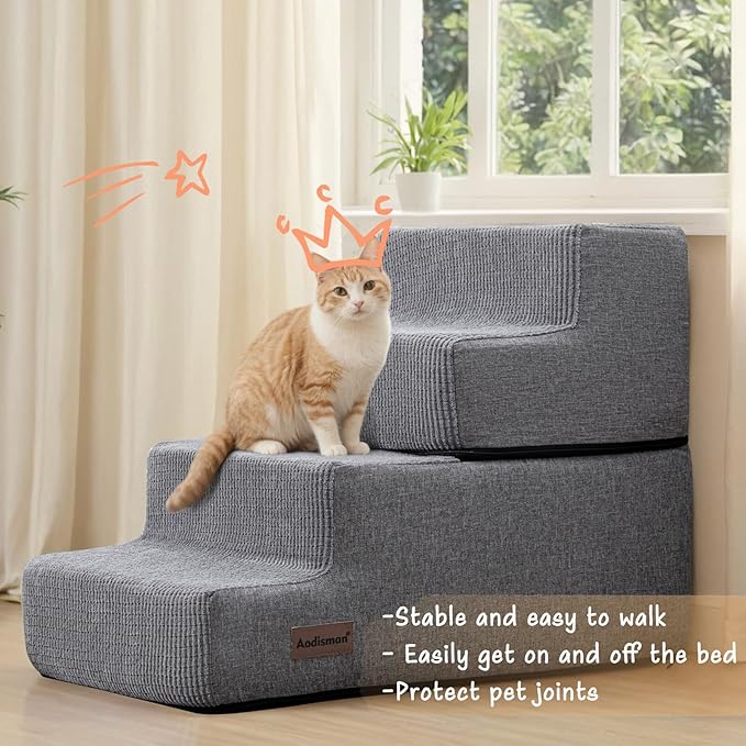 Dog Stairs for Small Dogs & Cats, 4-Step Non-Slip Pet Steps for Beds & Couches, Grey Linen, 18.5" H