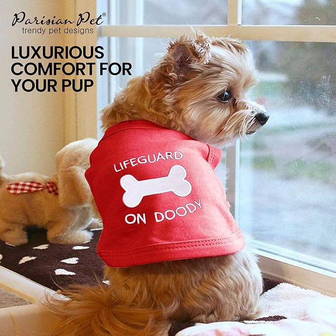 Parisian Pet Dog Tshirt - Embroidered “ Lifeguard on Doody “ Boy Dogs Apparel - Pure Cotton and Lightweight Dog Clothes - Red Doggy Tee Shirts - Machine Washable Shirt for Large Dogs - XL3