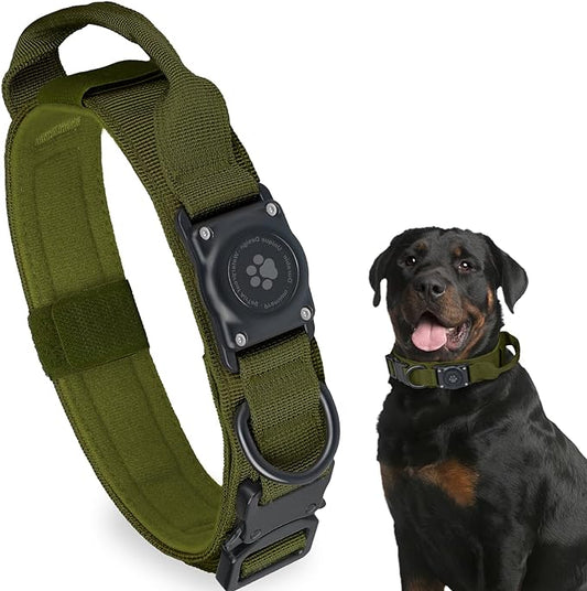 Tactical AirTag Dog Collar, 100% Waterproof Integrated Apple Air Tag Dog Collars with Hard PC AirTag Holder, Adjustable Military Collar with Handle, GPS Dog Collar for Medium Large Dogs