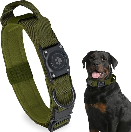 Tactical AirTag Dog Collar, 100% Waterproof Integrated Apple Air Tag Dog Collars with Hard PC AirTag Holder, Adjustable Military Collar with Handle, GPS Dog Collar for Medium Large Dogs