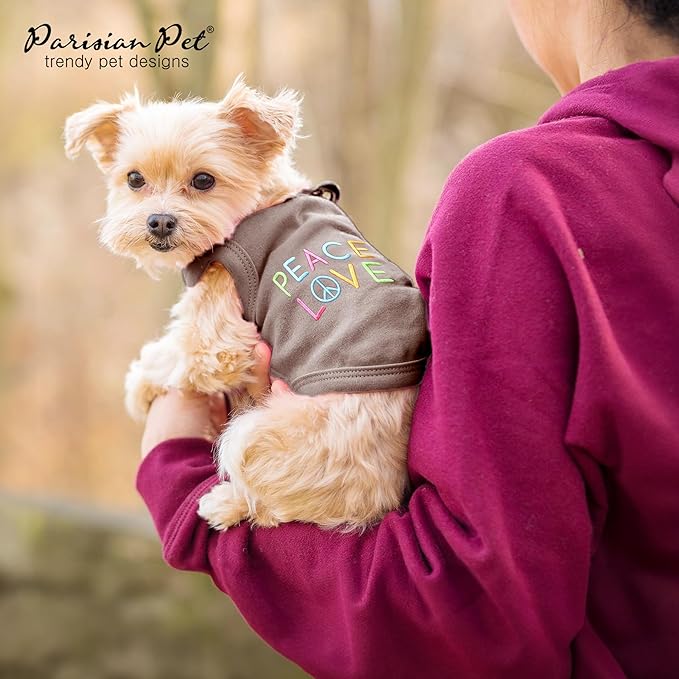 Parisian Pet Dog T-Shirt with Embroidered Love Peace - 100% Cotton, Breathable Dog Clothes - Sleeveless Pet Vest - Machine Washable Dog Shirts for Small Dogs S