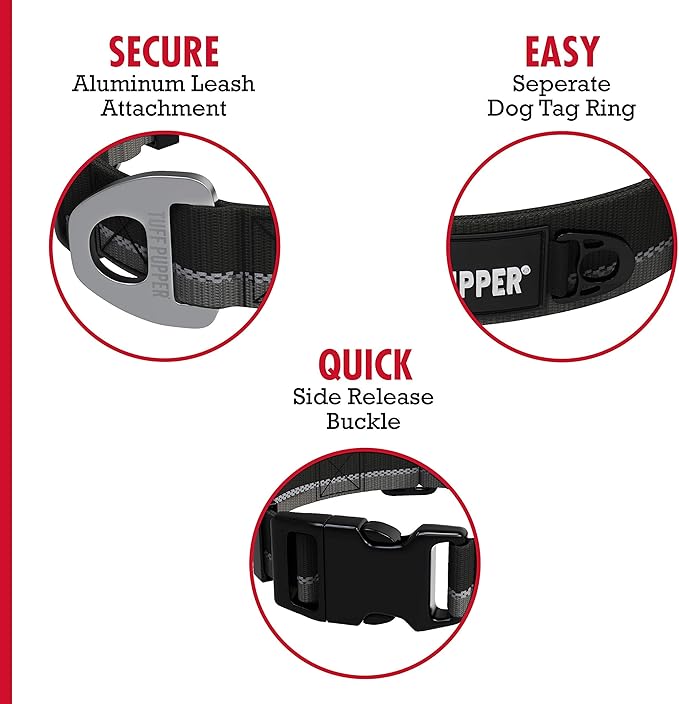 Tuff Pupper Heavy Duty Dog Collar | Reflective with Aluminum D-Ring Leash Clip | Separate Dog ID Tag Attachment | Easy Sizing for All Breeds