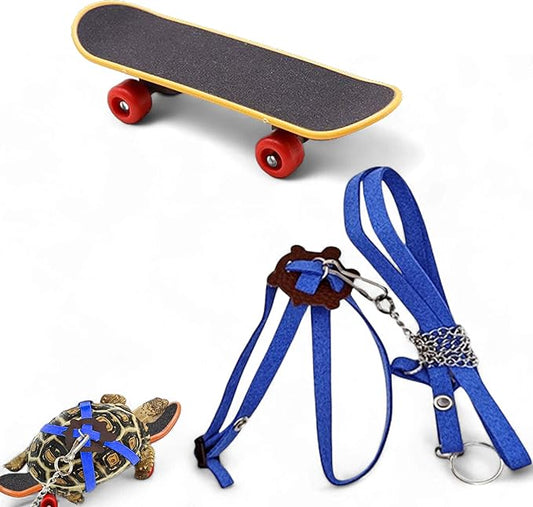 Tortoise Harness and Leash with Toy Skateboard for Turtle set, Funny Tortoise Skateboard and Adjustable Leather Harness Leash, Training Skateboard and Turtle Harness Leash Pet Tortoises Toys (Blue, L)