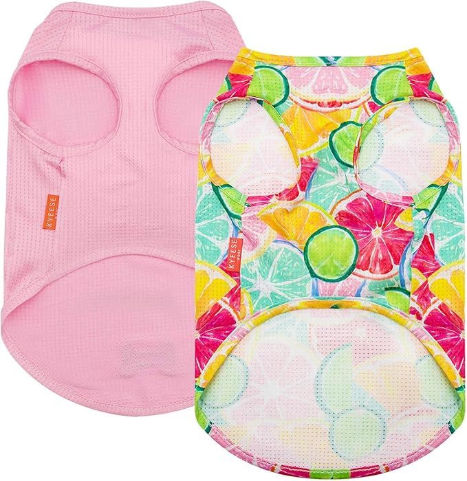 KYEESE 2 Pack Dog Shirts for Medium Dogs Quick Dry Breathable Pet T-Shirts with Reflective Label Tank Top Sleeveless Vest Sun Protection Dog Apparel Lemon Pattern for Summer,XX-Large,Lemon+Pink