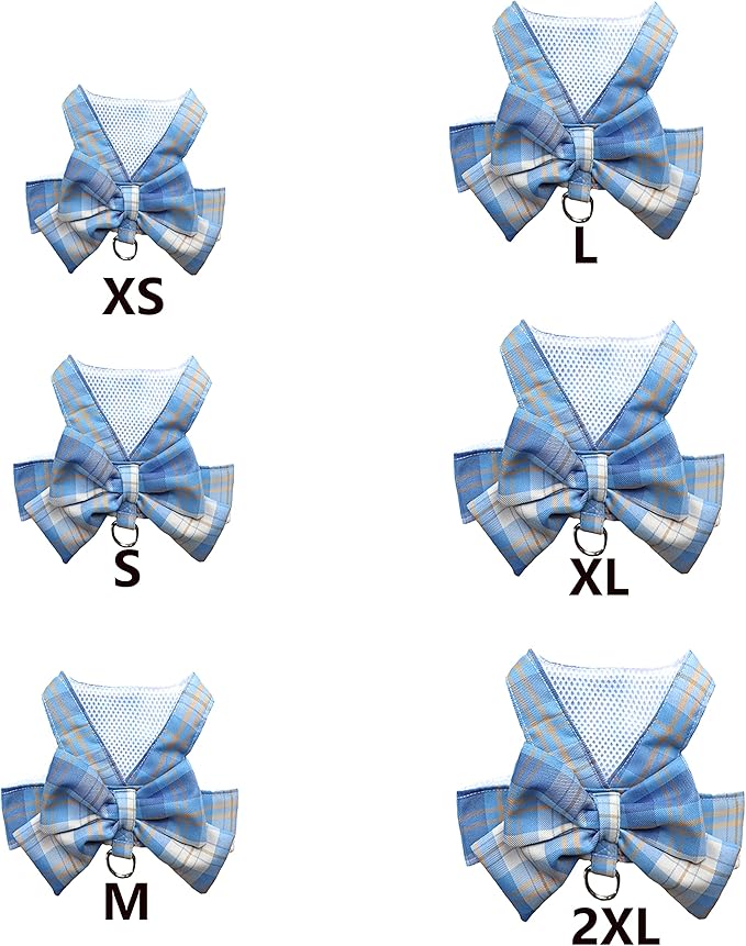 Plaid Dog Dress Bow Tie Harness Leash Set,Dog Clothes Harness Dress with Leash Ring for Small Dogs Girl, Puppy Princess Rabbit Clothes Chihuahua Yorkies Pet Outfits (Blue, Small)