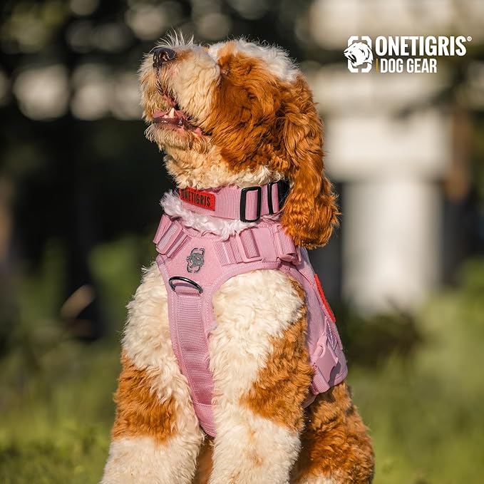 OneTigris Tough Dog Collars, Tactical Dog Collar with Handle, Milltary Adjustable Dog Collar with Heavy Duty Metal Buckle for Training (Medium,Pink)