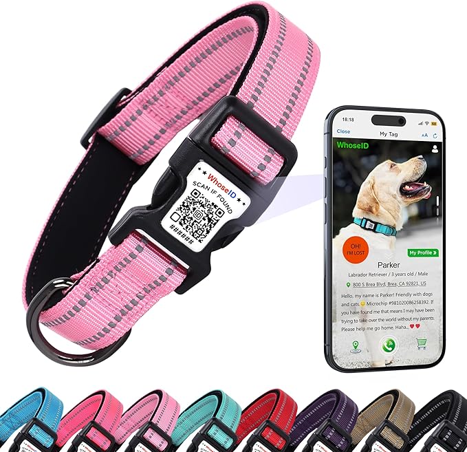 Dog Collar with QR Code, Reflective Dog Collar, Soft Neoprene Padded & Safety Locking Buckle Adjustable Pet Collar (Pink, X-Small)