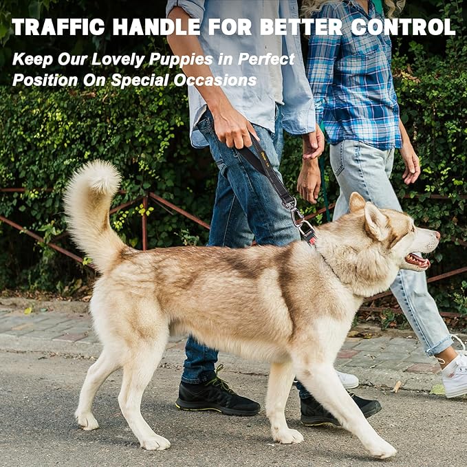 Dog Seat Belt Harness for Car, Dog Car Leash with Car Headrest & Buckle, Reflective Short Dog Leash, Pet 12 Inch Heavy Duty Leash for Dogs with Padded Handle & Locking Carabiner Clip, Black