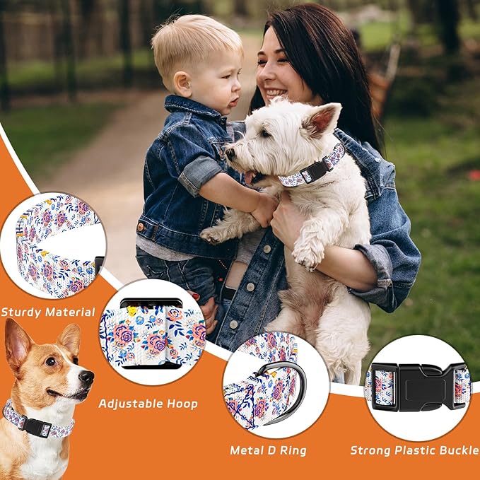 Dog Collar, Cute Floral Puppy Collar for Boys Girls Small Medium Large Dogs, Adjustable Soft Pet Collar Fancy Floral with Quick Release Buckle for Males Females, Blue Rose,XS