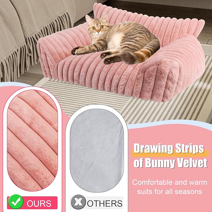 Cute Cat Couch Bed for Indoor Cats, Fluffy Pet Cat Sofa with Premium Soft Corduroy Fleece, Cute Small Dog Beds for Small Dogs, Fuzzy Puppy Chair with Removable Washable Cover (30x20x10,Pink)