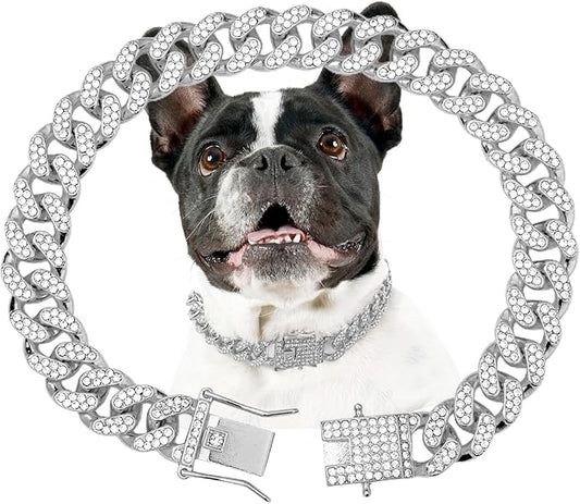Dog Chain Collar Silver Dog Necklace Diamond Cuban Link Dog Collar 13mm Wide Metal Pet Cat Dog Chain Crystal Collar Jewelry Accessories for Large Medium Small Dogs Cats(Silver,16 Inch)