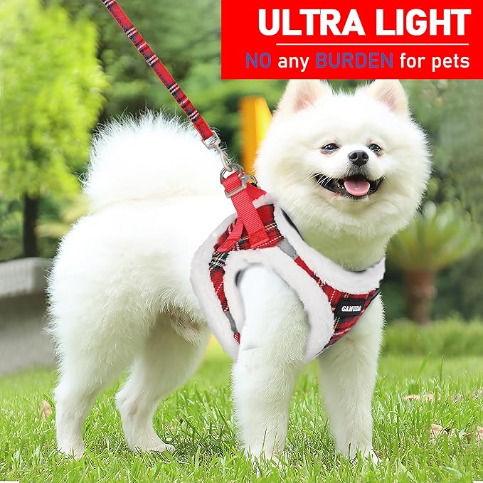 GAMUDA Small Dog Harness Collar and Leash Set, Step in No Chock No Pull Soft Mesh Adjustable Dog Vest Harnesses Plaid Reflective for Dogs Puppy Cats Kitten Rabbit (Warm Red, L)