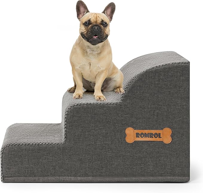 Dog Stairs, Romrol High Density Foam Dog Steps for High Bed and Couch, Dog Ramp, Pet Stairs for Small Dogs and Cats or Pets Joints, 3-Step