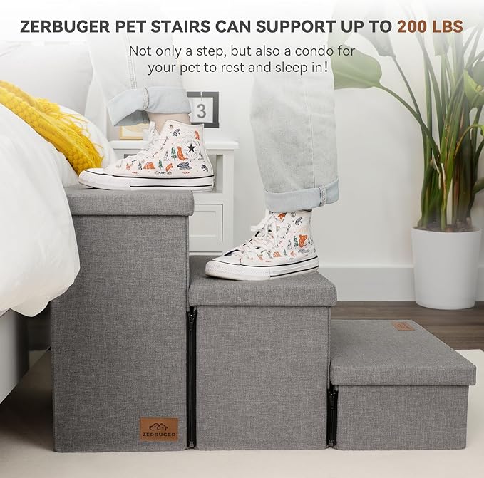 Dog Stairs with Storage 18" H, 3-Step Wider Dog Steps for Large/Medium/Small Older Dogs Cats, Folding Sturdy Pet Stairs Climbing Bed or Couch, Ramp for Car Up to 200 lbs, Smok Gray, No Condo
