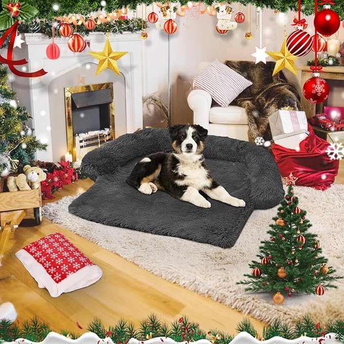 Calming Dog Bed Christmas Throw Blanket Fluffy Plush Dog Mat Furniture Protector Decoration Holiday Throw for Sofa Couch Cover for Large Medium Small Dogs Cats (Medium, Dark Grey)
