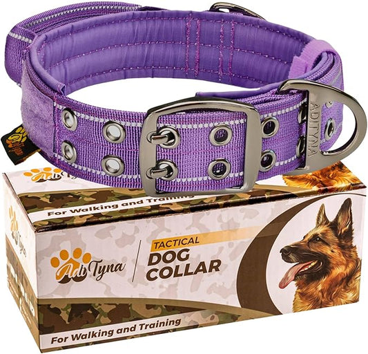 ADITYNA Heavy Duty Dog Collar for Extra-Large Dogs - Reflective Purple Collar with Handle for Training, and Walking - Wide, Thick, Tactical, Soft Neoprene Padded