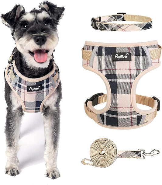 PUPTECK Dog Harness and Leash Collar Set for Small Medium Dogs Puppy and Cats Walking No Pull Adjustable Reflective Soft Mesh Padded Plaid Harnesses Pet Accessories, Beige, L
