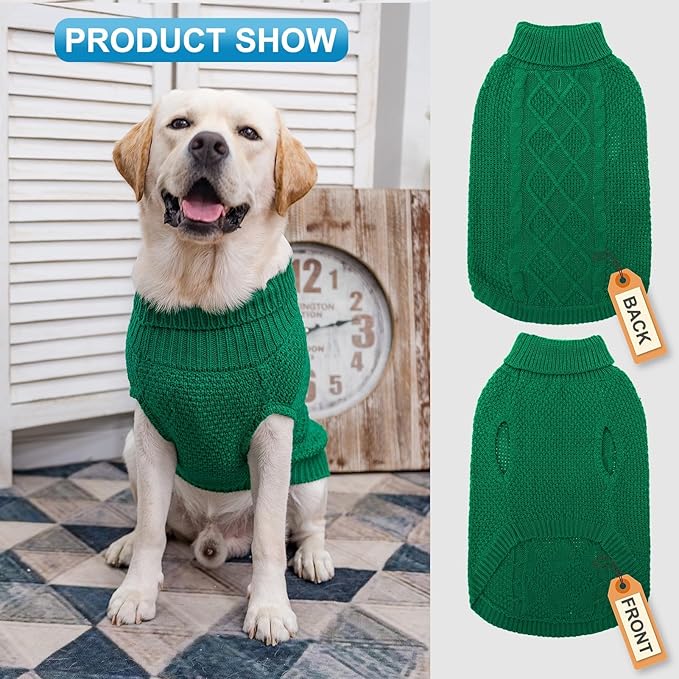Mihachi Turtleneck Dog Sweater - Winter Coat Apparel Classic Cable Knit Clothes with Leash Hole for Cold Weather, Ideal Gift for Pet in New Year Green Medium/Large