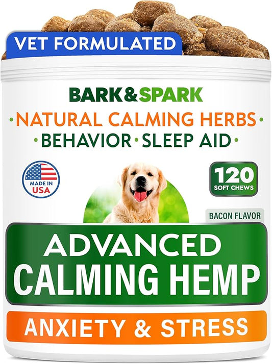 Bark&Spark Advanced Calming Chews for Dogs - Anxiety Relief Treats - Melatonin + Hemp Oil - Separation Aid - Stress Relief During Fireworks, Storms, Thunder - Aggressive Behavior - SmokyBacon (120ct)