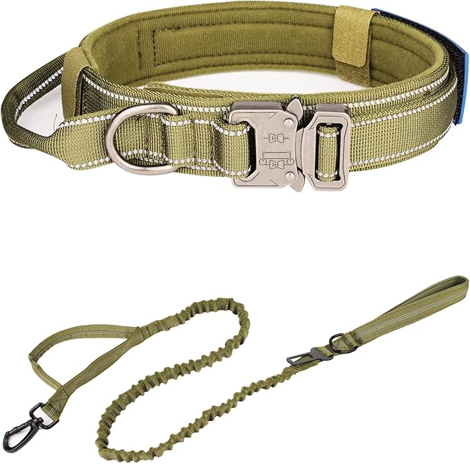 KCUCOP Tactical Dog Collar, Heavy Duty Dog Collar with Handle and Metal Buckle, Military Thick Dog Collars for Medium and Large Dogs(Green-Reflective Set-XL, 1 Patch)
