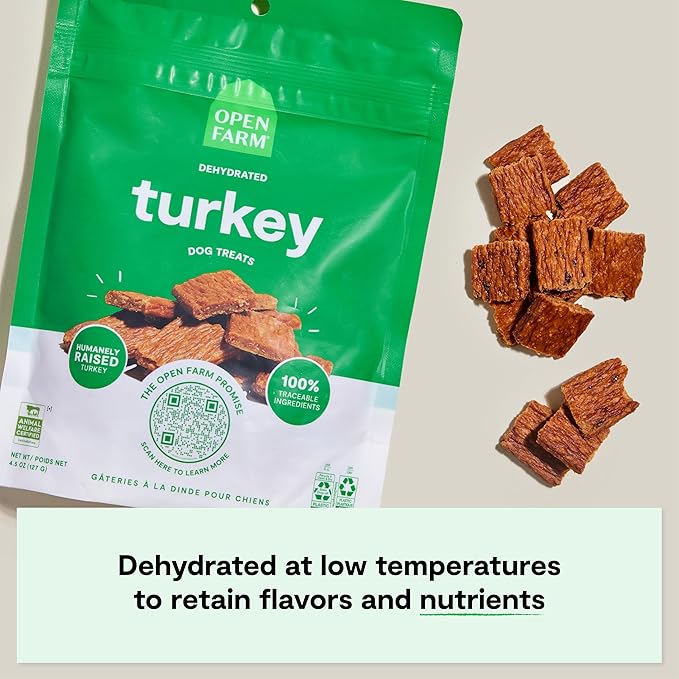 Open Farm, Dehydrated Dog Treats, High Protein & Low Carbohydrate Dog Snacks, Chewy Texture, Made with Ethically & Sustainably Sourced Ingredients, Turkey Recipe, 4.5oz Pouch