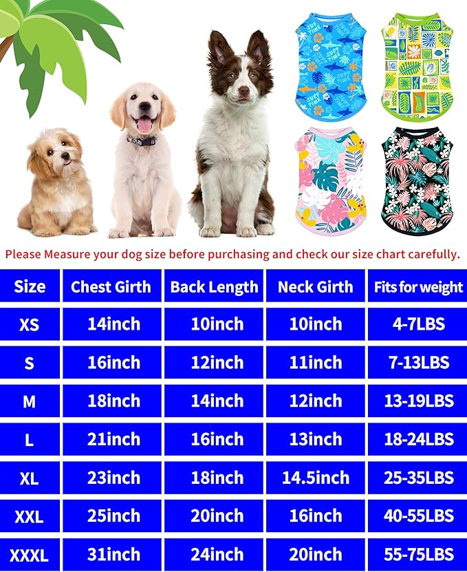 PET SHOW 4 Pack Dog Hawaiian Shirts for Small Medium Dogs UPF 50+ UV Sun Protection Summer Cool Clothes Tank Top Floral Puppy Cats T-Shirts Pet Holiday Party Sleeveless Vest Boy Girl(Medium)