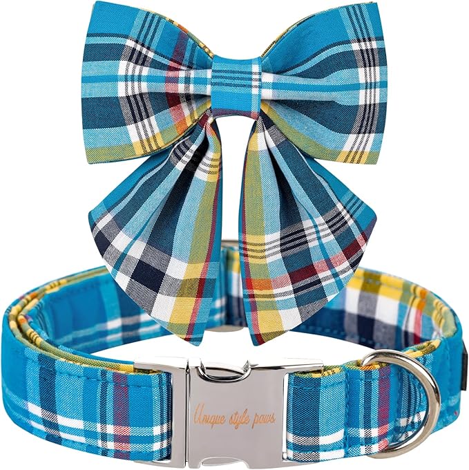 Unique style paws Blue Plaid Dog Collar with Bow Cute Puppy Collar for Small Medium Large Dogs as Autumn Winter Pet Gifts-M