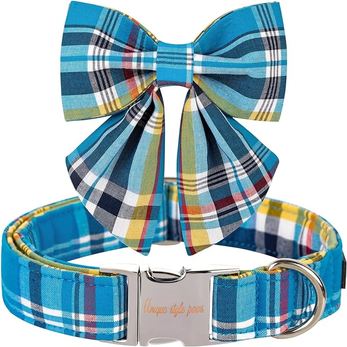 Unique style paws Blue Plaid Dog Collar with Bow Cute Puppy Collar for Small Medium Large Dogs as Autumn Winter Pet Gifts-L