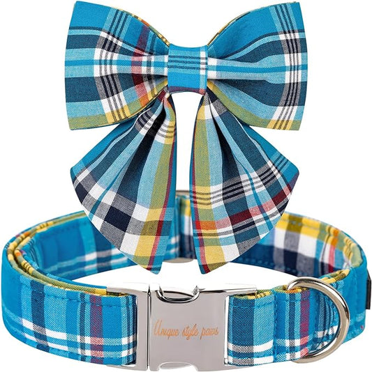 Unique style paws Blue Plaid Dog Collar with Bow Cute Puppy Collar for Small Medium Large Dogs as Autumn Winter Pet Gifts-L